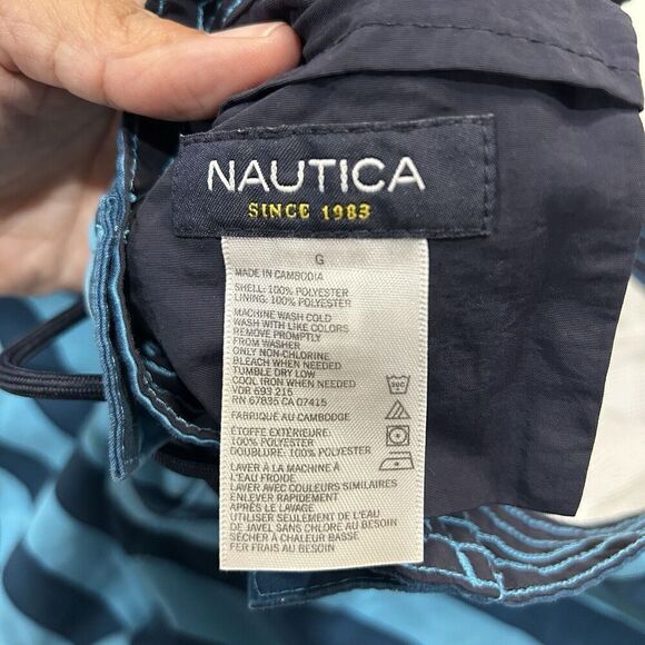 NAUTICA Men’s Swim Suit Trunk LARGE Blue Stripe Sail Logo On Leg - Picture 4 of 7